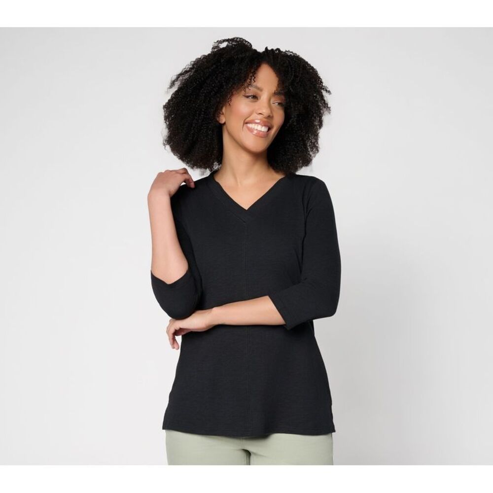 SUNNYLiFE Women's Top Plus Sz 2X TripleLuxe Linen V-Neck Sleeve Black A683207